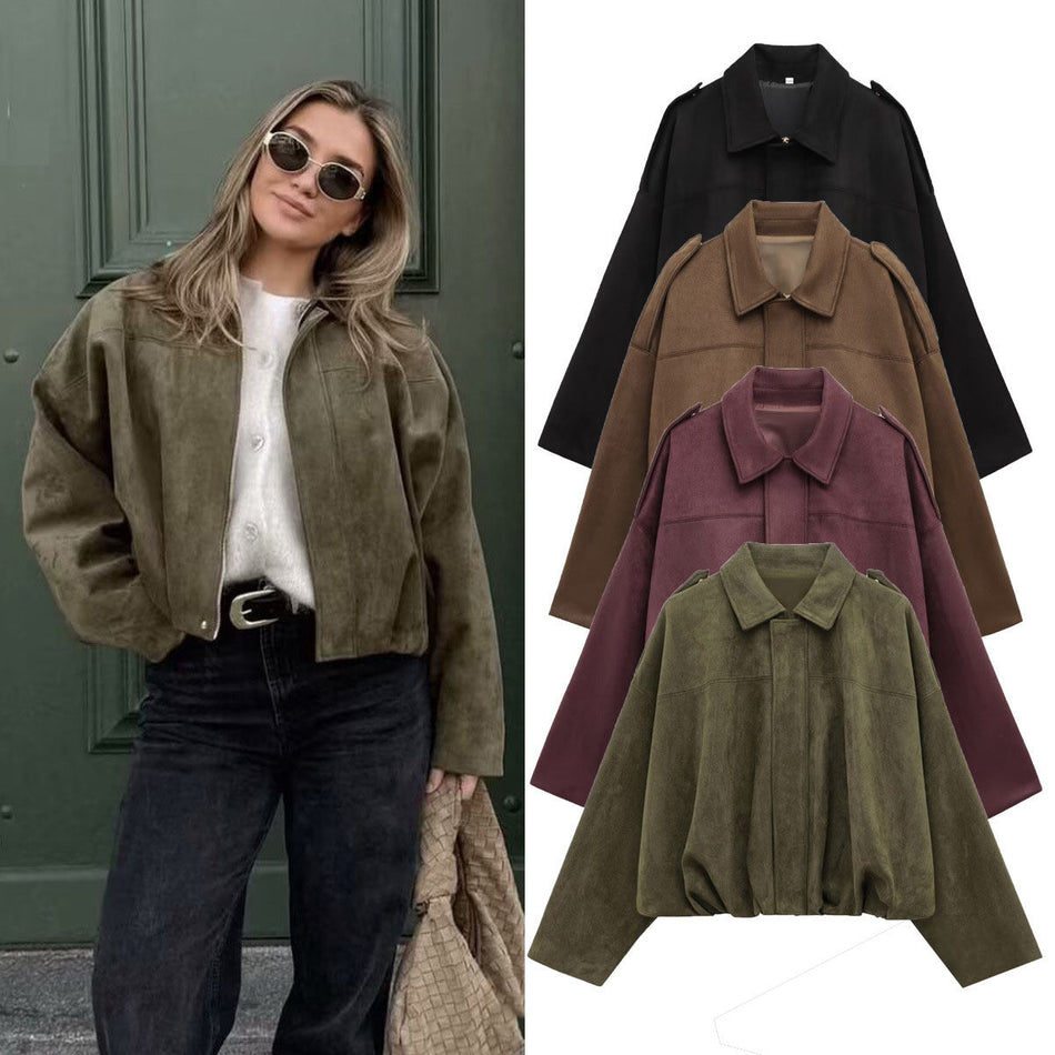 Women's Bat Sleeve Suede Texture Bomber Jacket