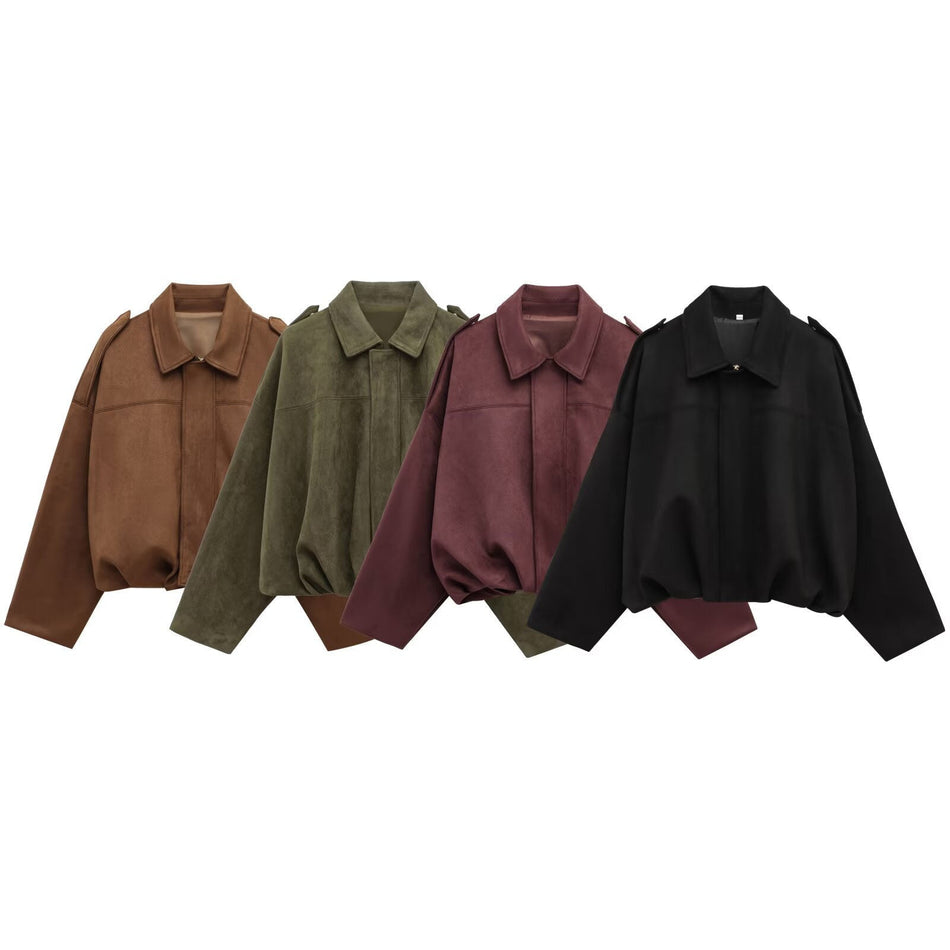 Women's Bat Sleeve Suede Texture Bomber Jacket