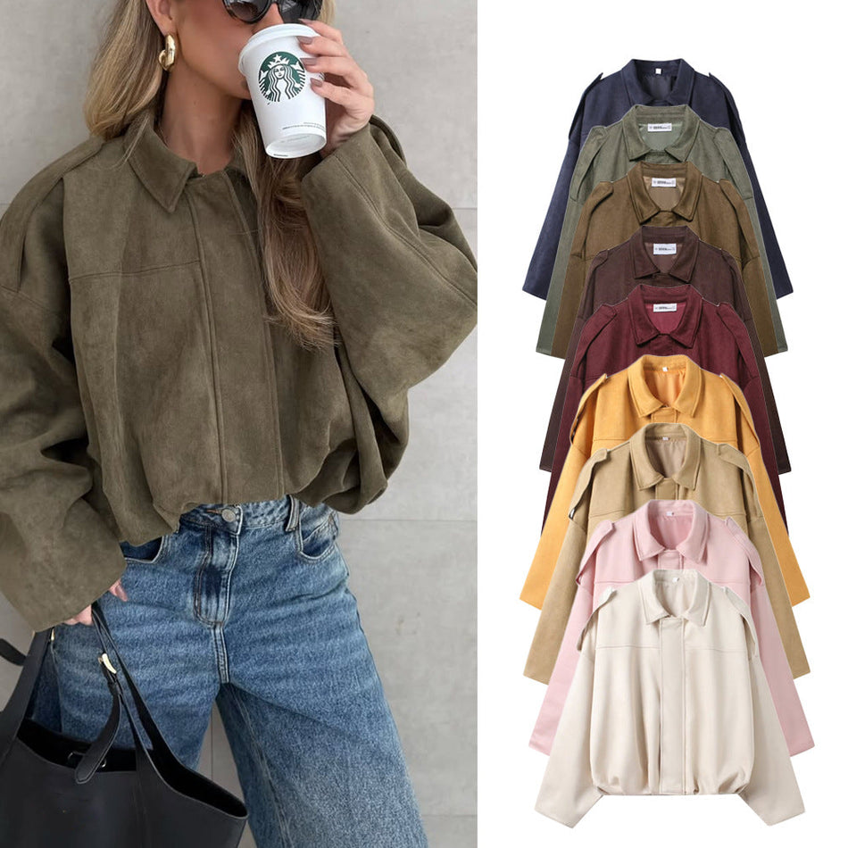 Women's Loose Suede Bomber Jacket with Zipper