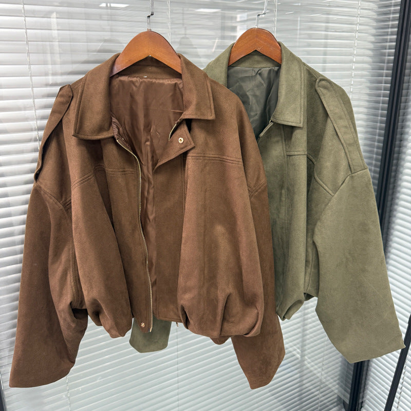 Women's Loose Suede Bomber Jacket with Zipper