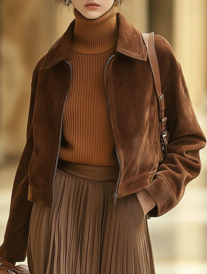 Women's Short Suede-Effect Lapel Jacket with Zipper