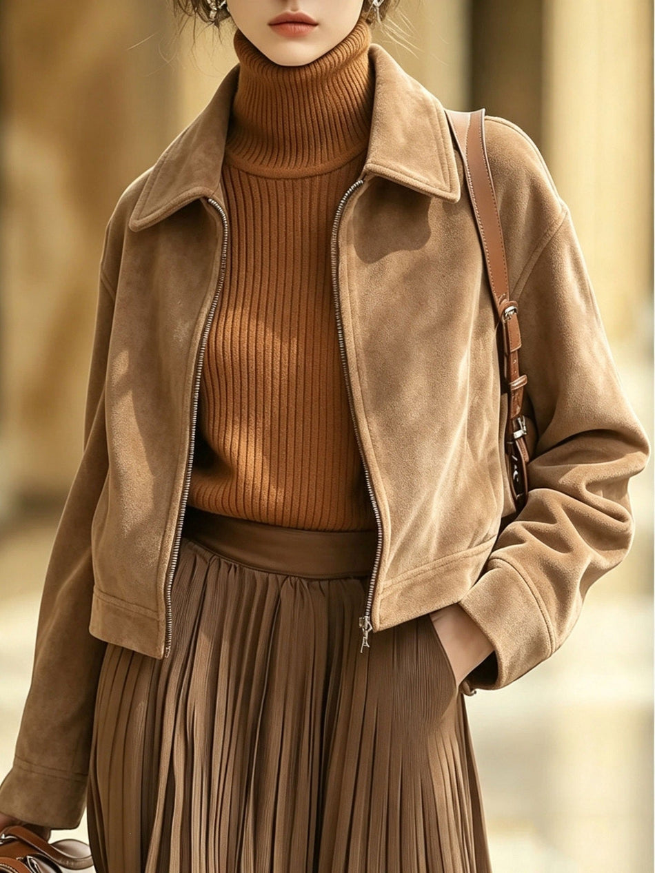 Women's Short Suede-Effect Lapel Jacket with Zipper