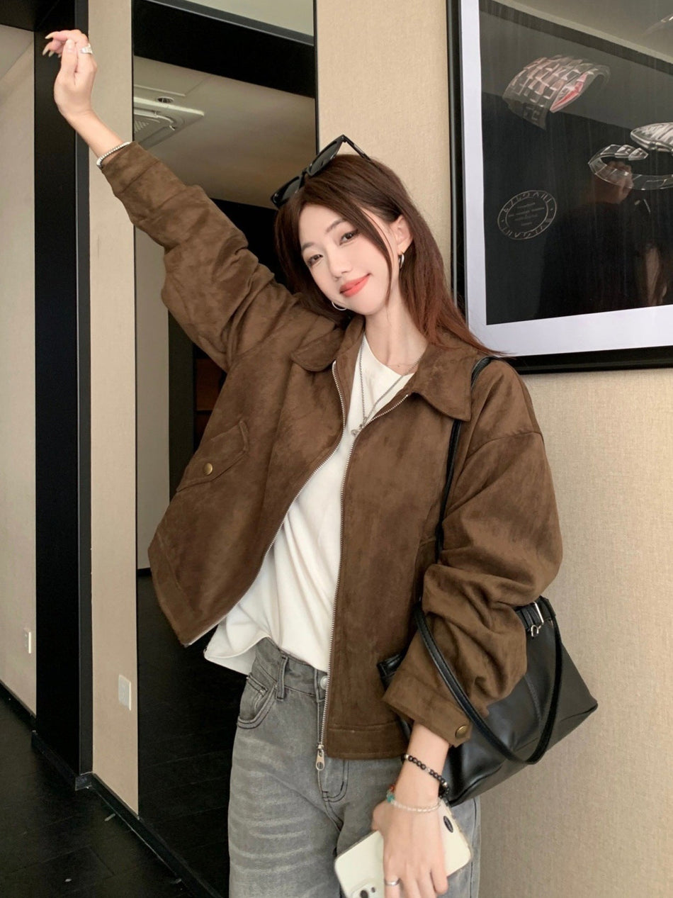 Women's Short Suede-Effect Jacket with Polo Collar