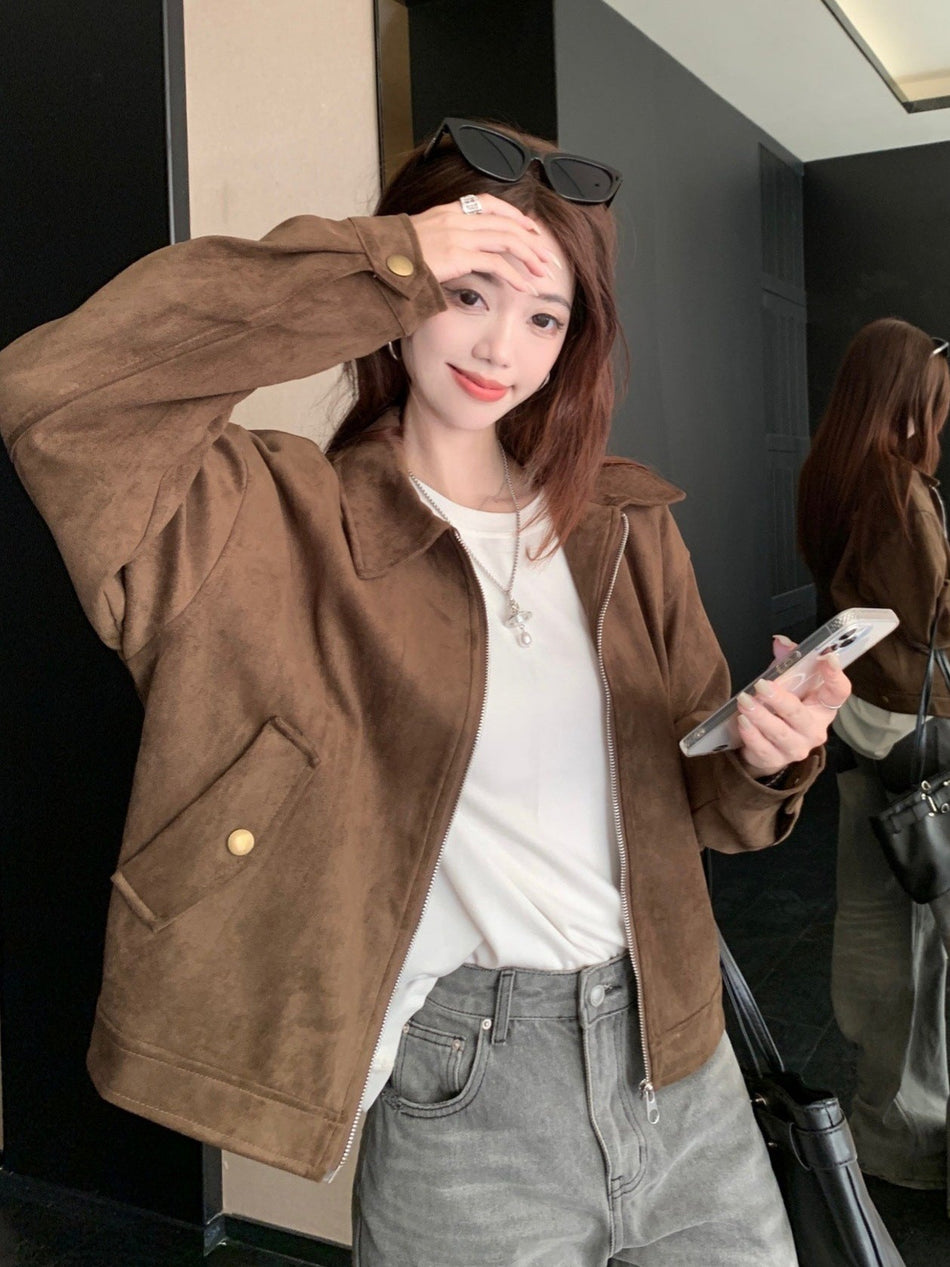 Women's Short Suede-Effect Jacket with Polo Collar