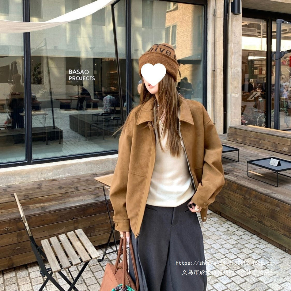 Women's Brown Faux Suede Lapel Jacket with Zipper