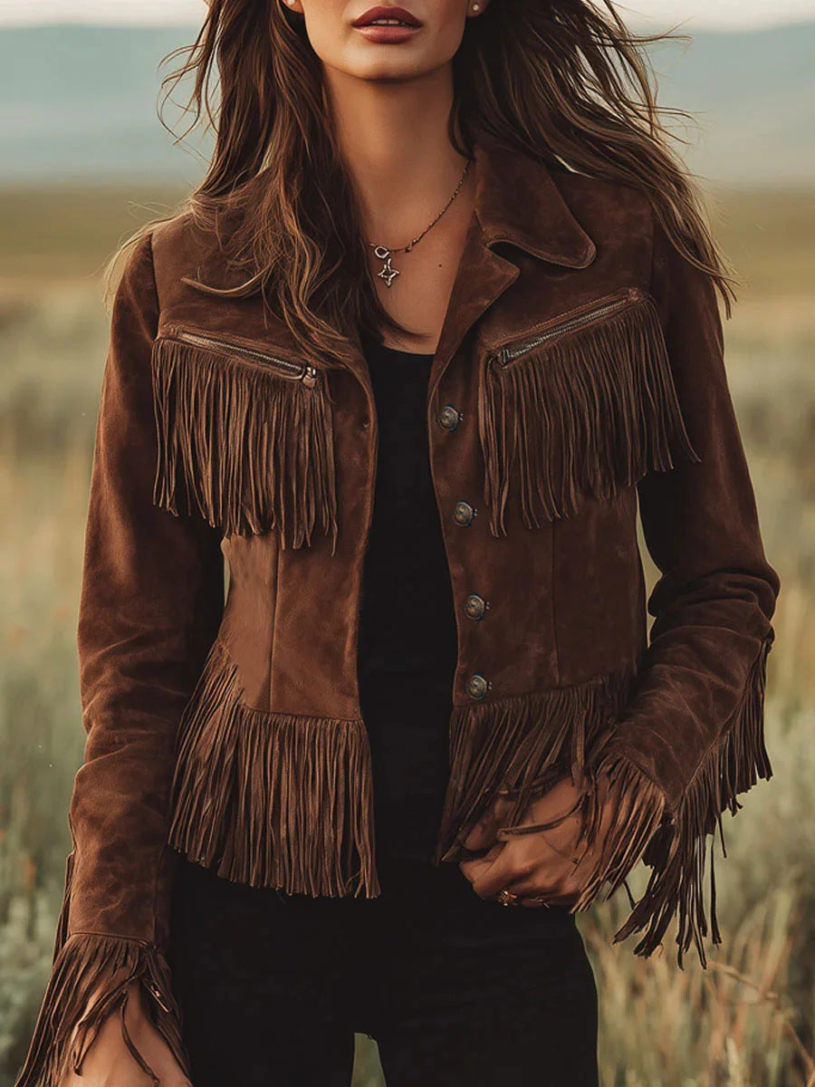 Women's Brown Suede Tassel Lapel Jacket with Rivets
