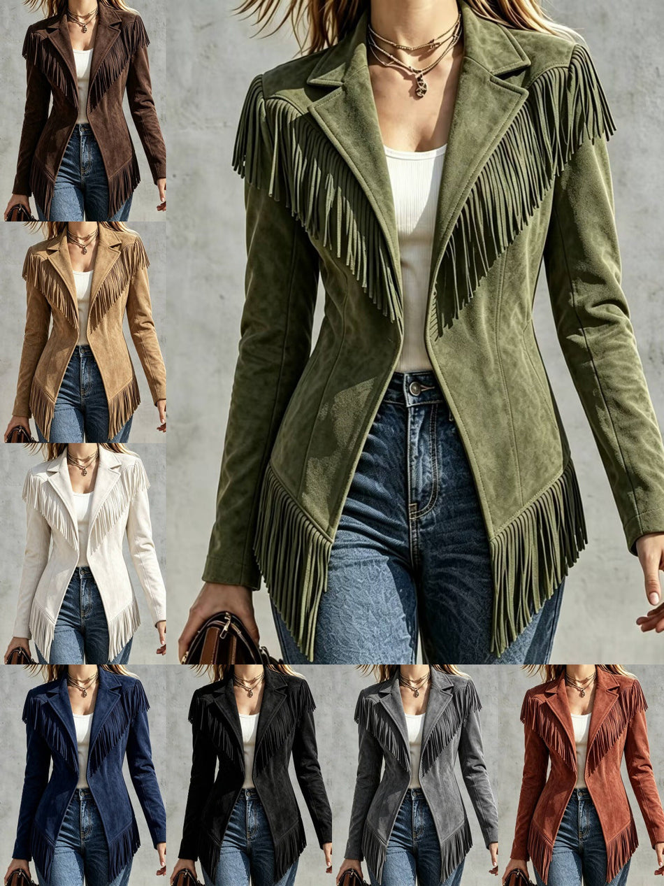 Women's Western Suede Tassel Lapel Jacket with Slim Fit