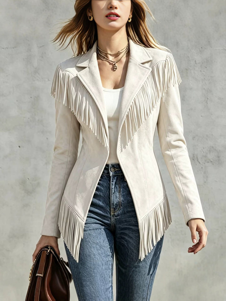 Women's Western Suede Tassel Lapel Jacket with Slim Fit