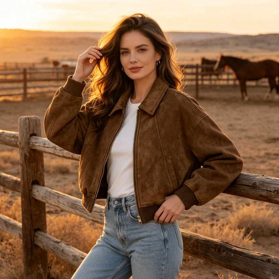 Women's Dark Brown Suede Effect Lapel Jacket with Zipper