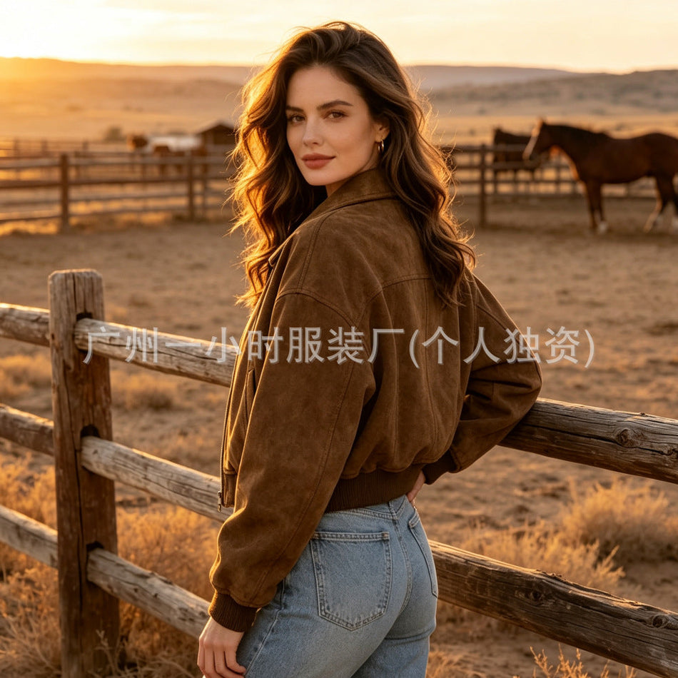 Women's Dark Brown Suede Effect Lapel Jacket with Zipper
