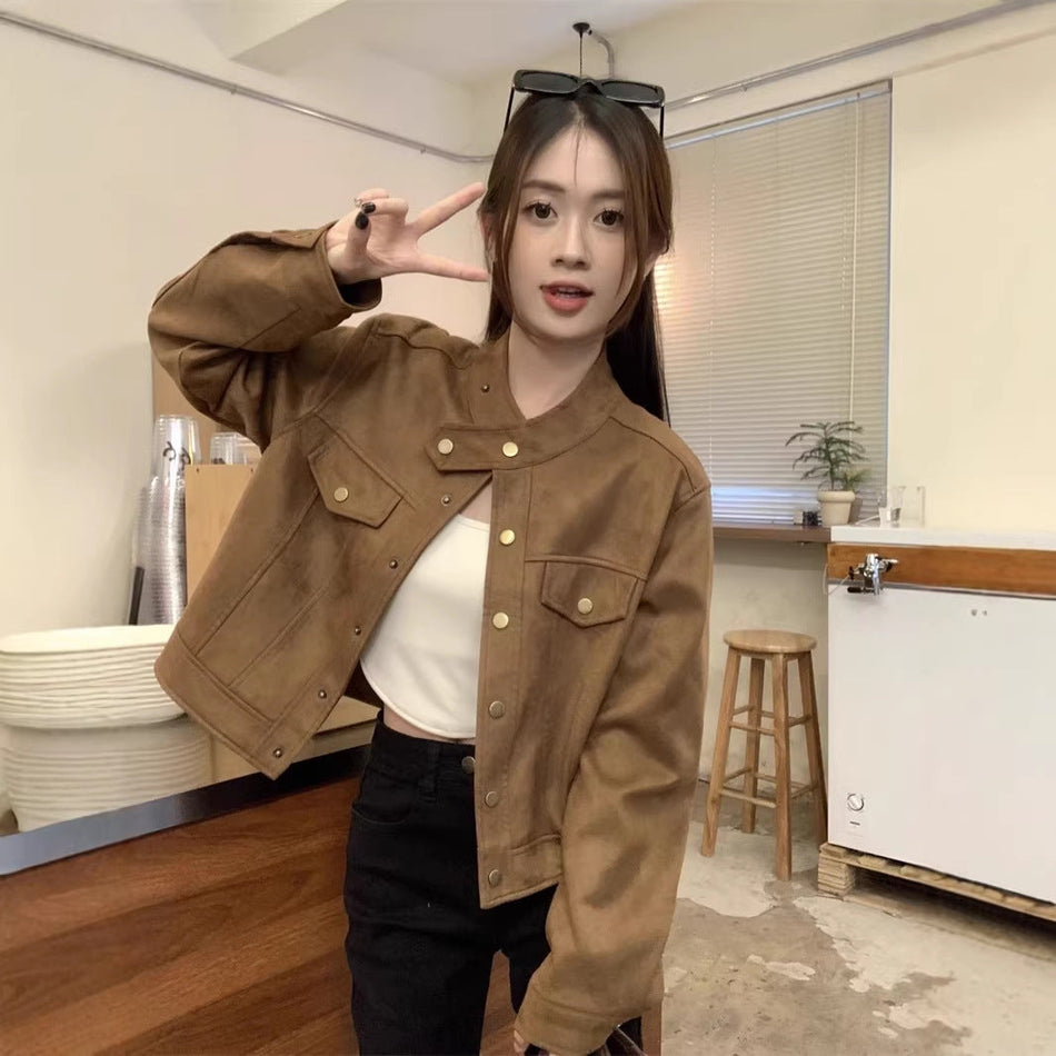 Women's Caramel Faux Suede Leather-Effect Short Jacket