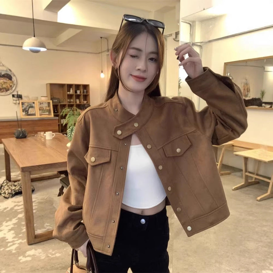 Women's Caramel Faux Suede Leather-Effect Short Jacket