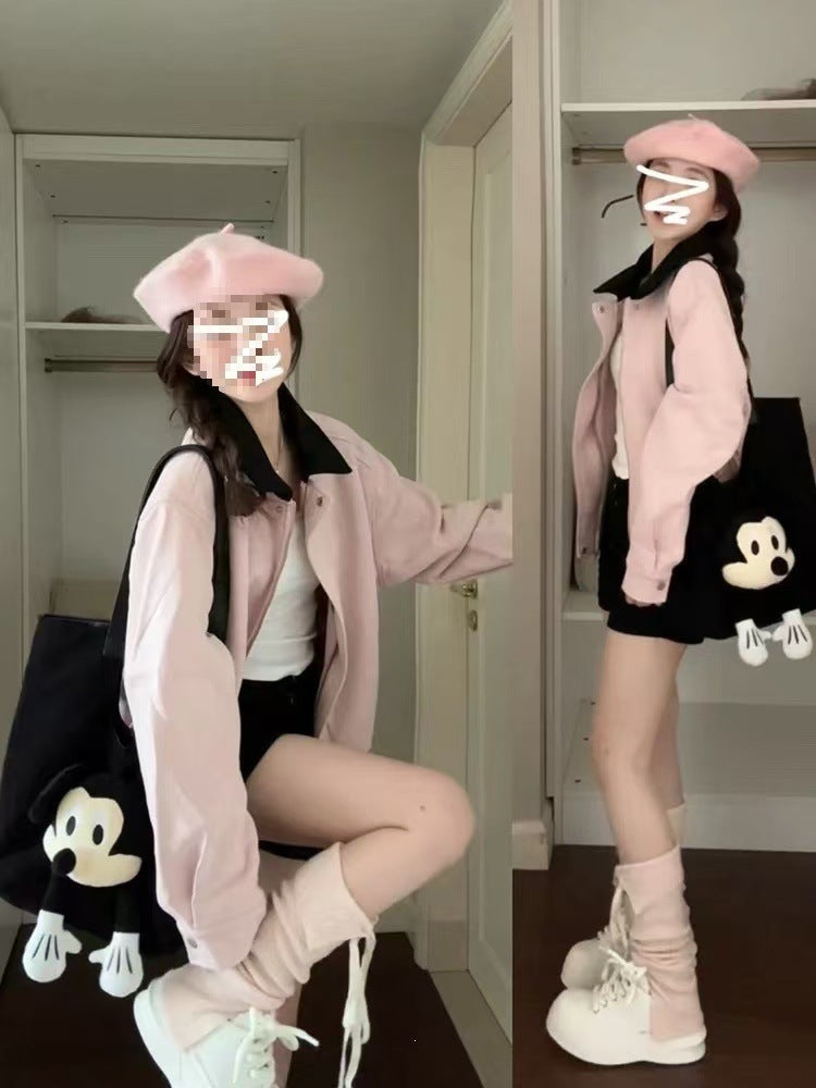Women's Pink Suede-Effect Lined Baseball Jacket
