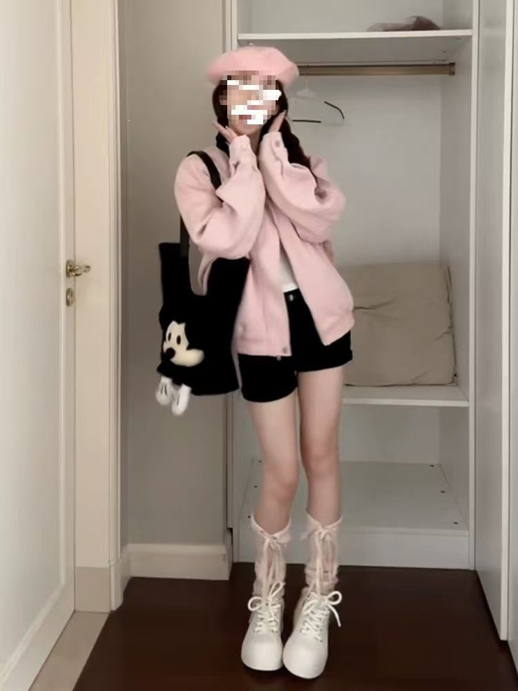 Women's Pink Suede-Effect Lined Baseball Jacket