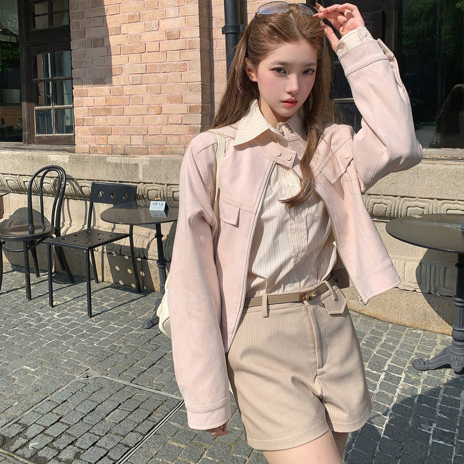 Women's Pink Suede-Effect Round Neck Jacket
