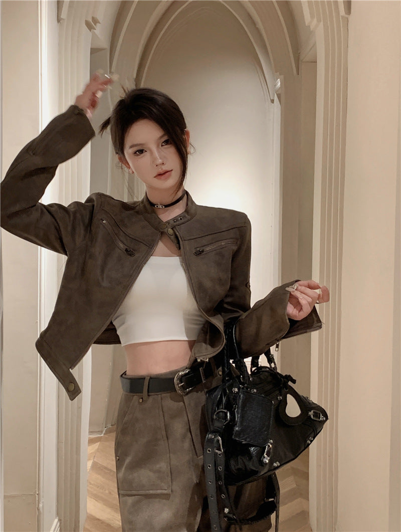 Women's Coffee Suede-Effect Short Motorcycle Jacket