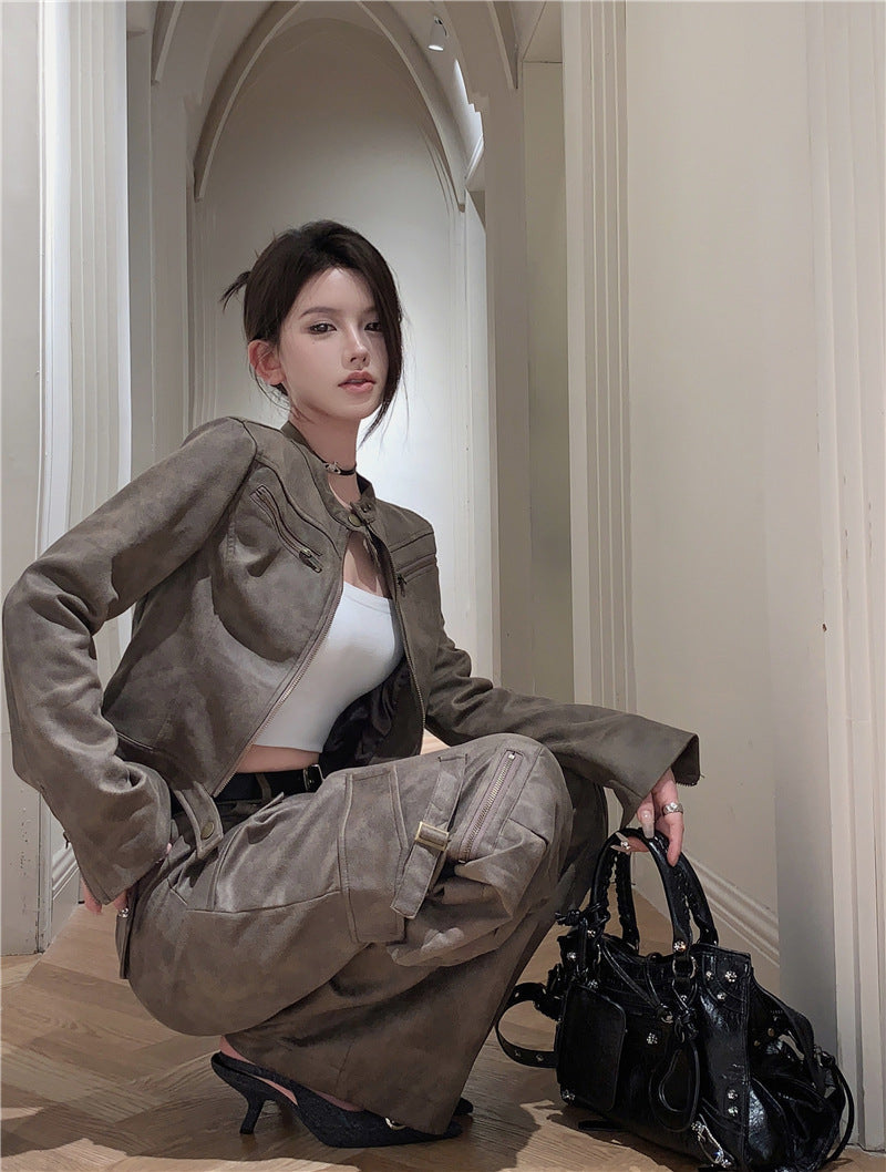 Women's Coffee Suede-Effect Short Motorcycle Jacket