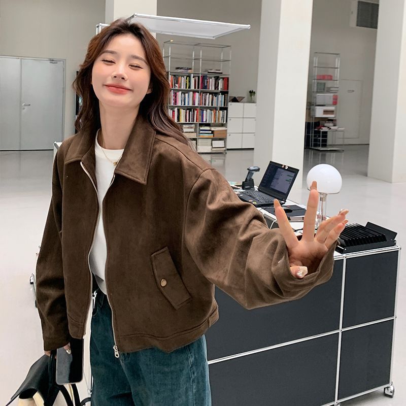 Women's Brown Faux Suede Lapel Jacket with Pockets