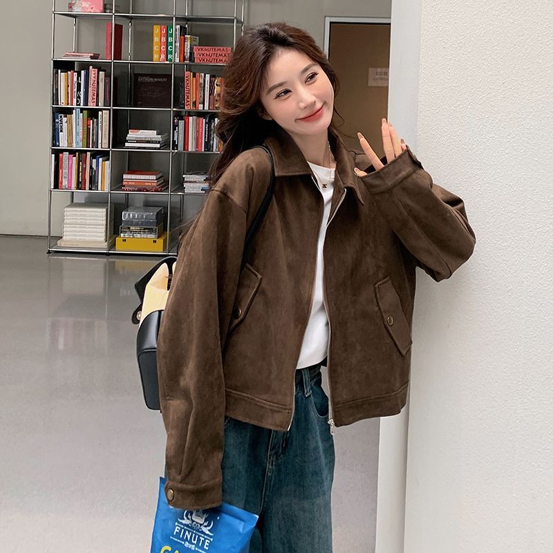 Women's Brown Faux Suede Lapel Jacket with Pockets