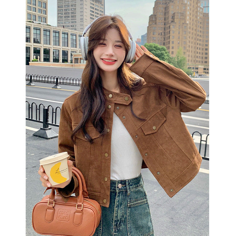 Women's Brown Slim Suede-Effect Polo Collar Jacket
