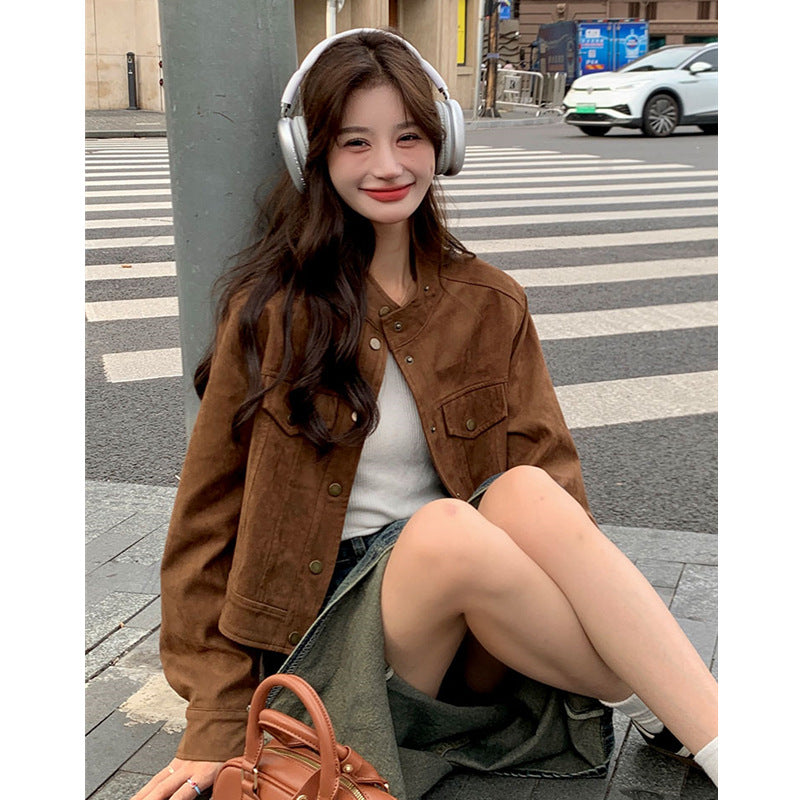 Women's Brown Slim Suede-Effect Polo Collar Jacket