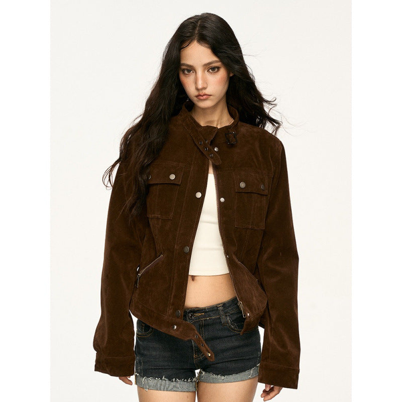 Women's Brown Suede-Effect Stand Collar Motorcycle Jacket