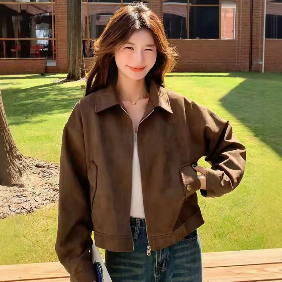 Women's Brown Faux Suede Baseball Collar Jacket