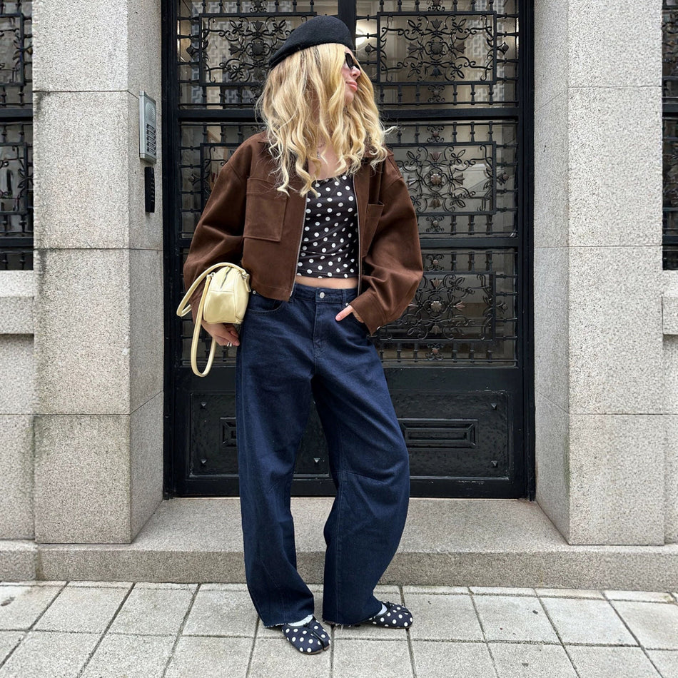 Women's Dark Brown Suede Lapel Jacket with Pockets