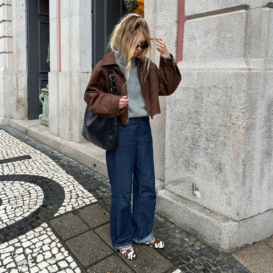 Women's Dark Brown Suede Lapel Jacket with Pockets