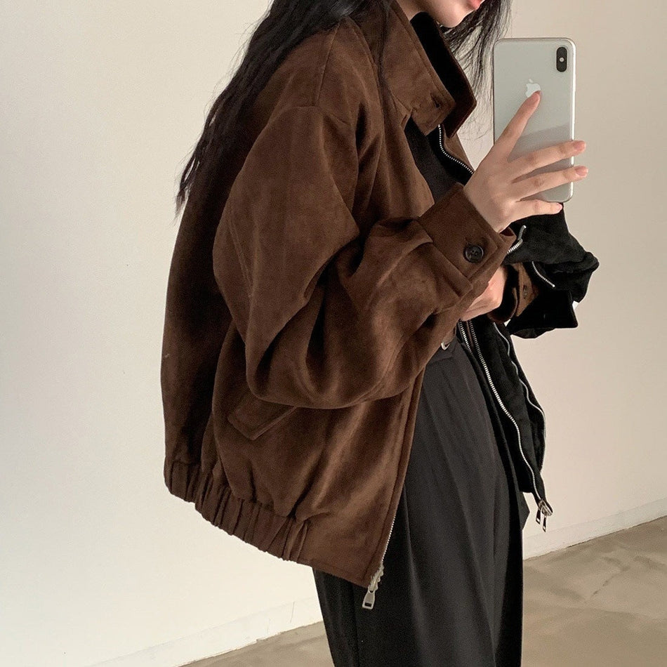 Women's Brown Suede Pilot Jacket with Polo Collar
