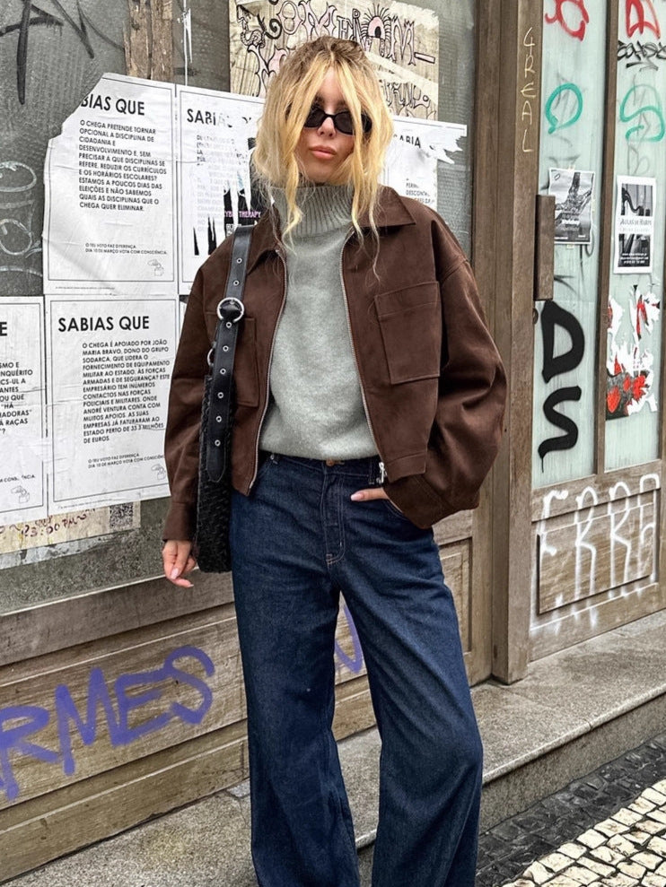 Women's Brown Suede-Effect Lapel Jacket with Pockets