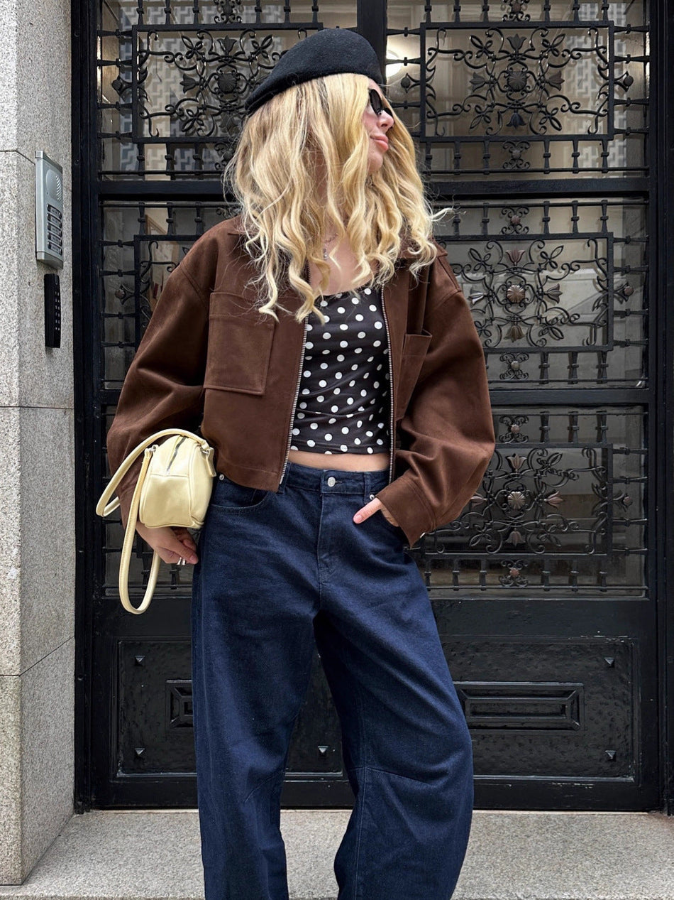Women's Brown Suede-Effect Lapel Jacket with Pockets