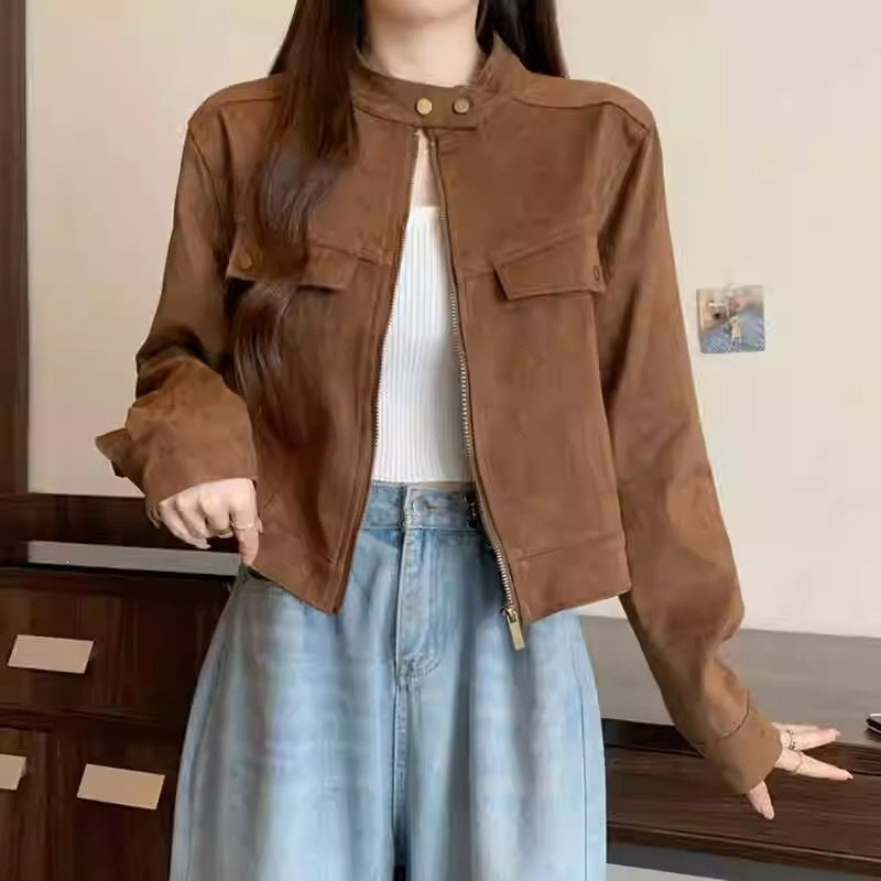 Women's Brown Faux Suede Baseball Collar Short Jacket
