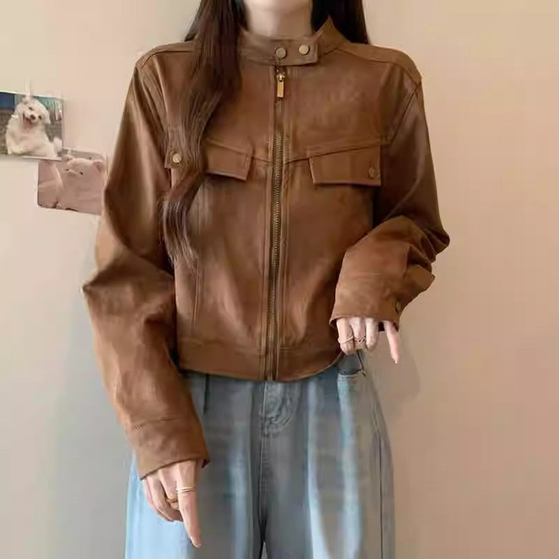 Women's Brown Faux Suede Baseball Collar Short Jacket