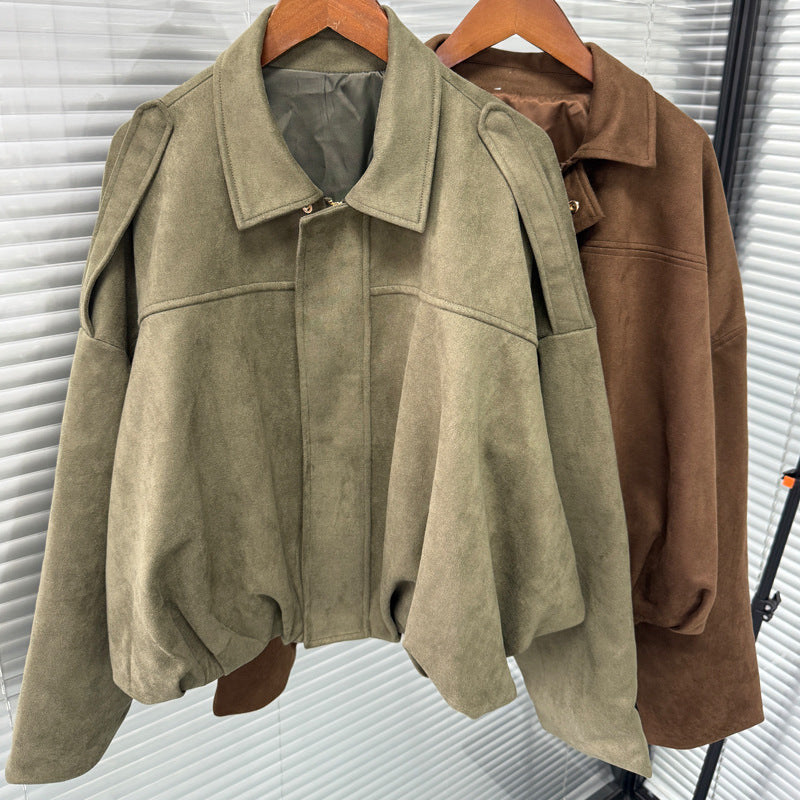 Women's Loose Suede Lapel Jacket with Zipper