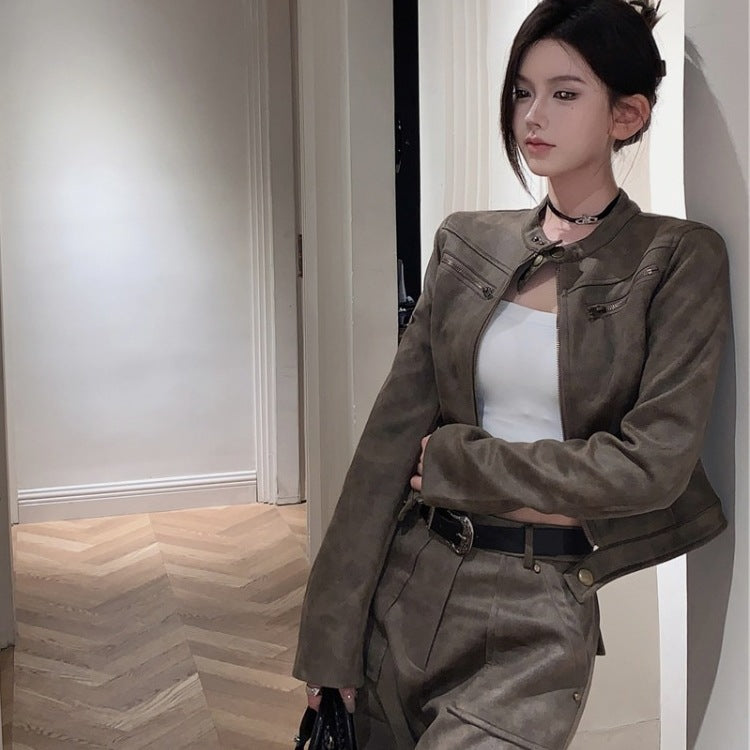 Women's Brown Suede-Effect Short Motorcycle Jacket