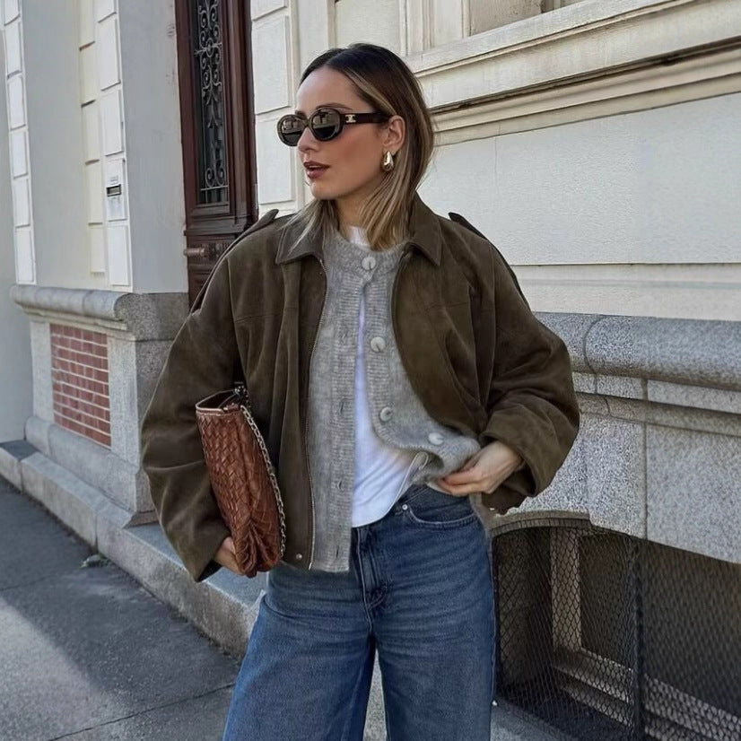 Women's Suede Lapel Bomber Jacket with Zipper