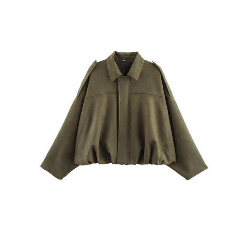 Women's Suede Lapel Bomber Jacket with Zipper