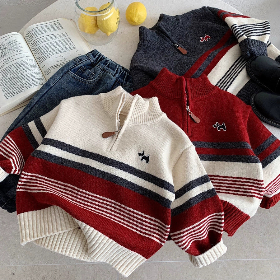 Kids Horse Stripe Knit Sweater Half-Zip Pullover