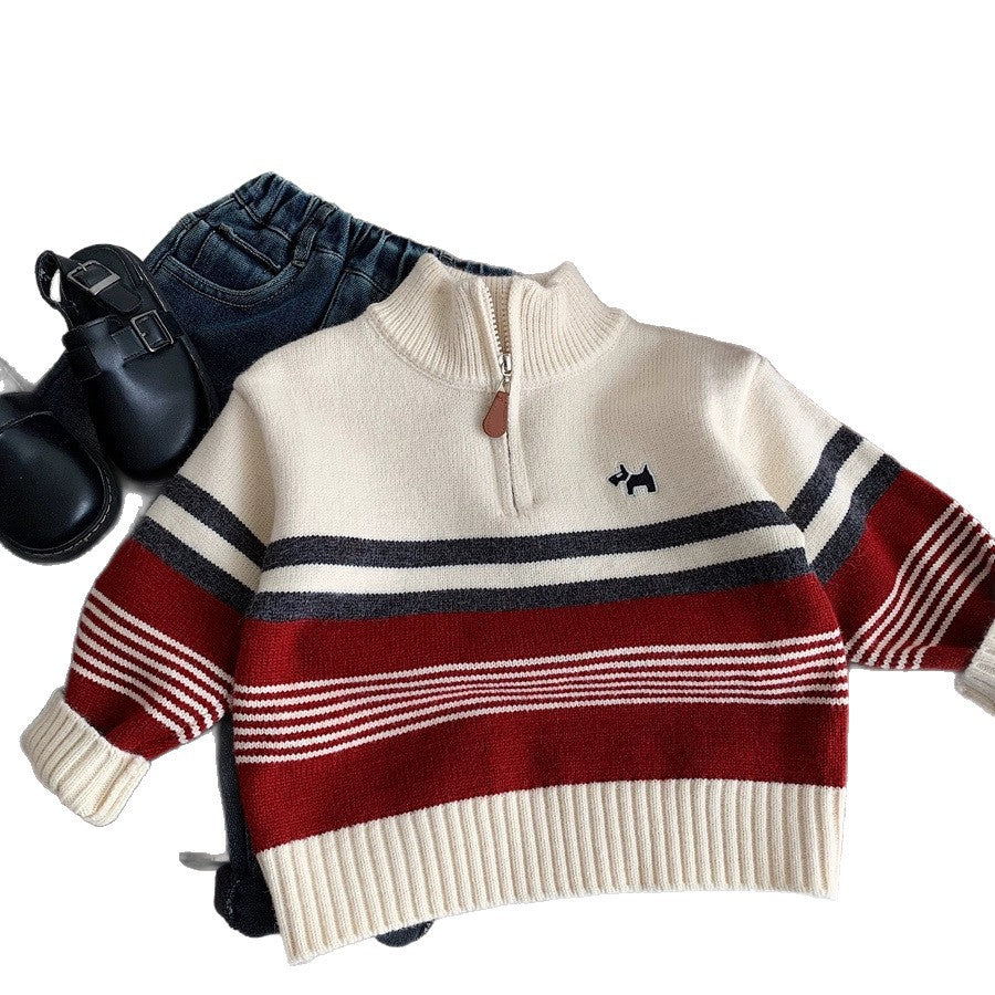 Kids Horse Stripe Knit Sweater Half-Zip Pullover