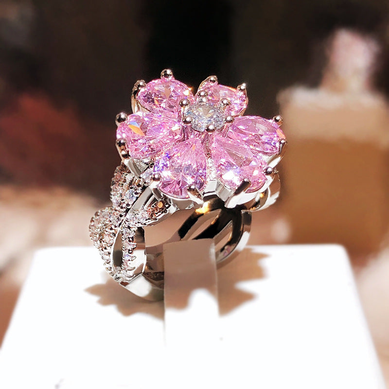 Women's Pink Heart-Shaped Zircon Ring in Copper