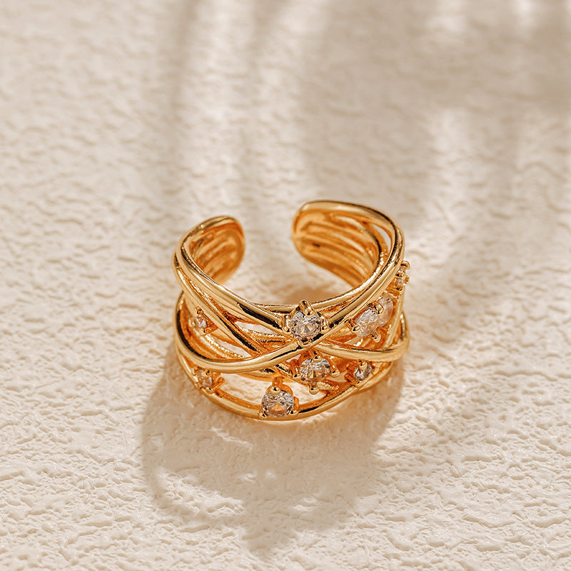 Women's Geometric Cross Design Wide Band Zircon Ring