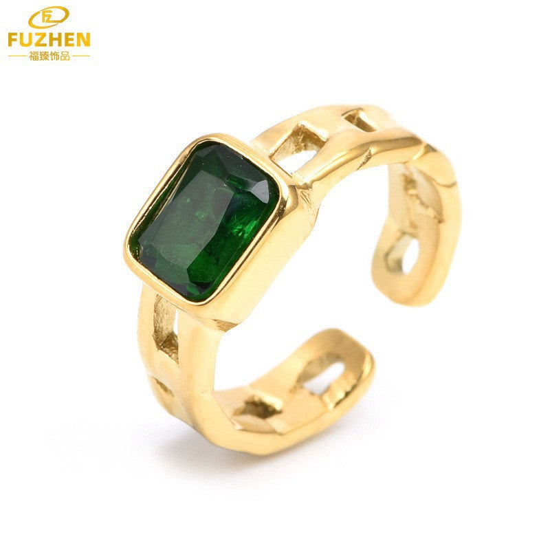 Women's Green Zircon Open Ring with Gold-Tone Finish