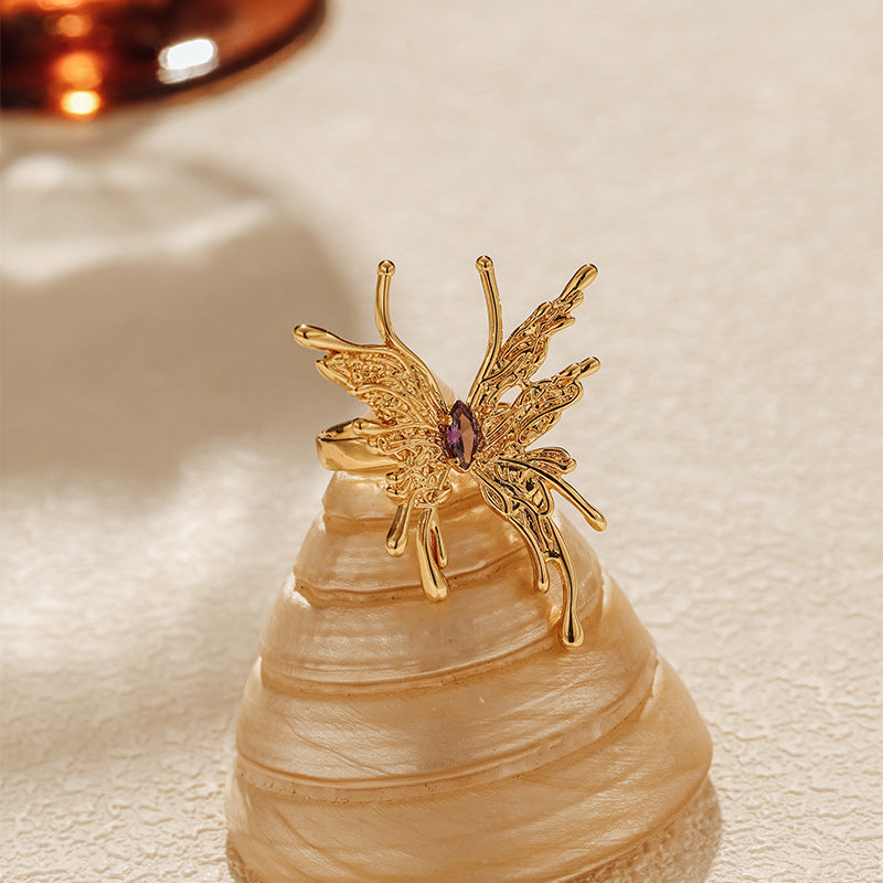 Women's Purple Zircon Butterfly Open Ring