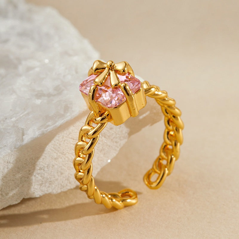 French-Style Square Zircon Bow Ring for Women