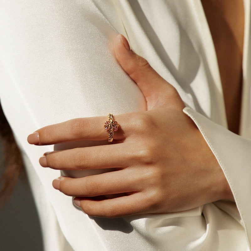 French-Style Square Zircon Bow Ring for Women