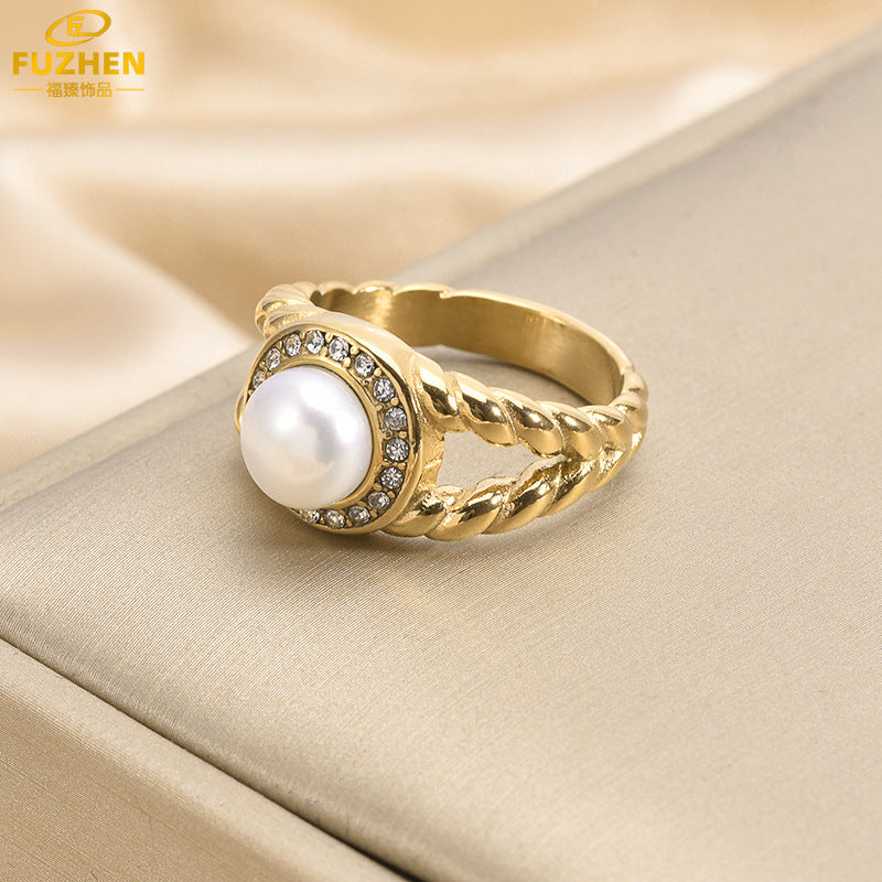 American Retro White Shell Stainless Steel Ring for Women