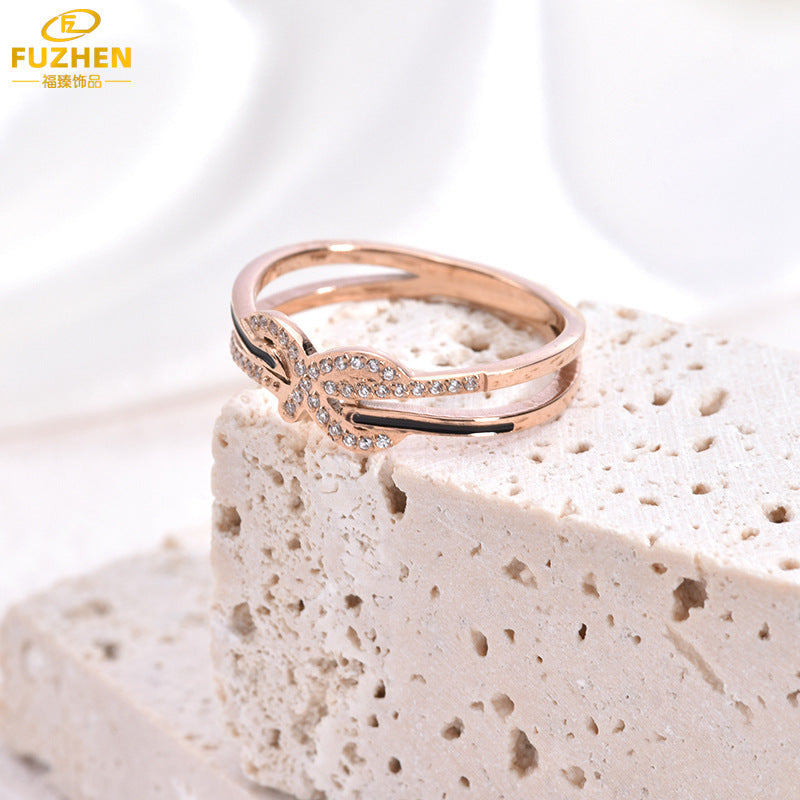 Women's Bow Knot Stainless Steel Ring with Zircon Detail