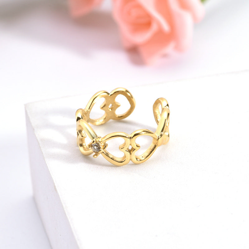 Women's Heart-Shaped Zircon Stainless Steel Open Ring