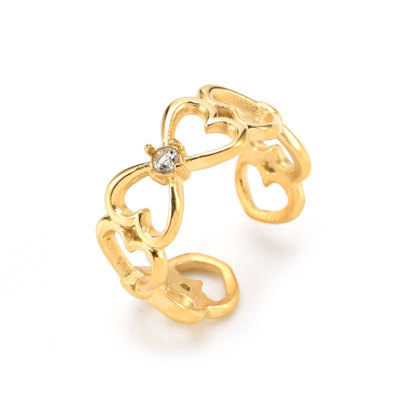 Women's Heart-Shaped Zircon Stainless Steel Open Ring
